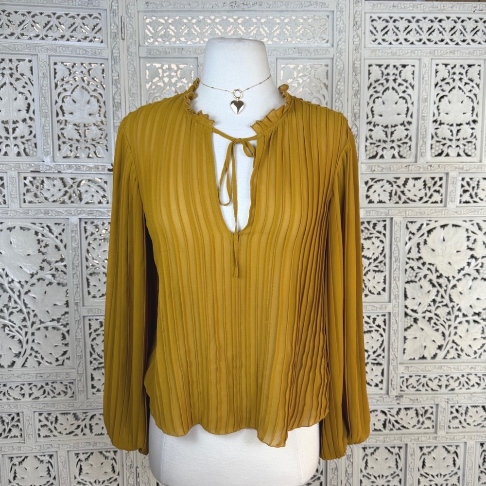 FRAME Mustard Yellow Tie Front Blouse Womens‎ XSmall Balloon Sleeve Career Sheer